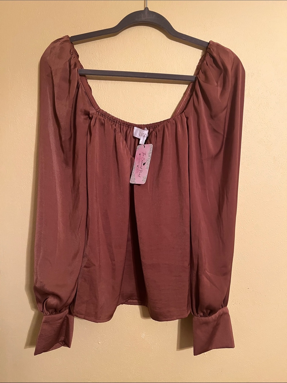 Sweetheart Neck Long-Sleeve Blouse in Copper Brown